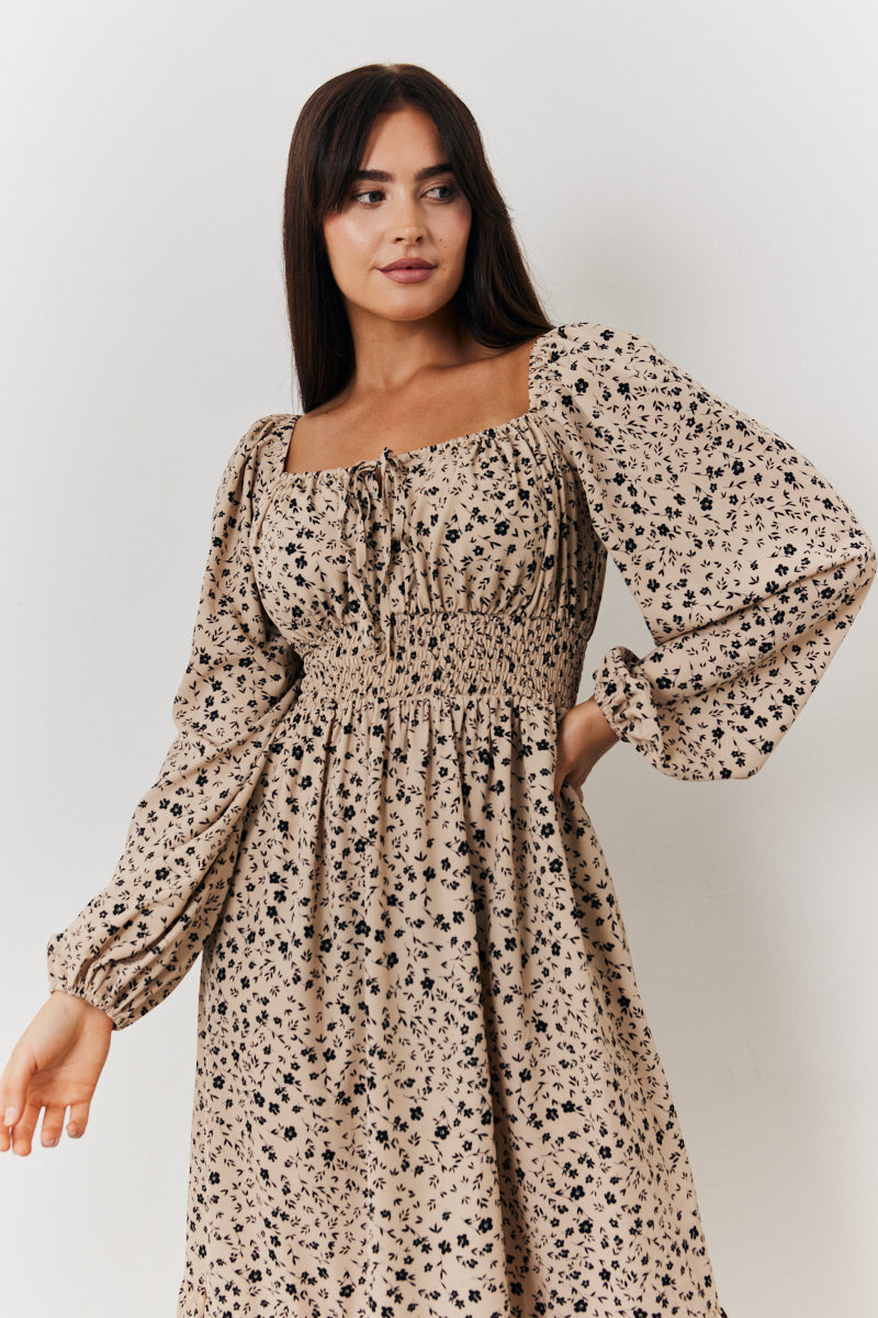 Ditsy Floral Tiered Midi Dress with Ruched Bust and Tie Front Detail