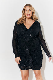 Sequin Draped Frill Front Mini Dress