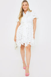 Lace Puff Sleeve Shirt Dress