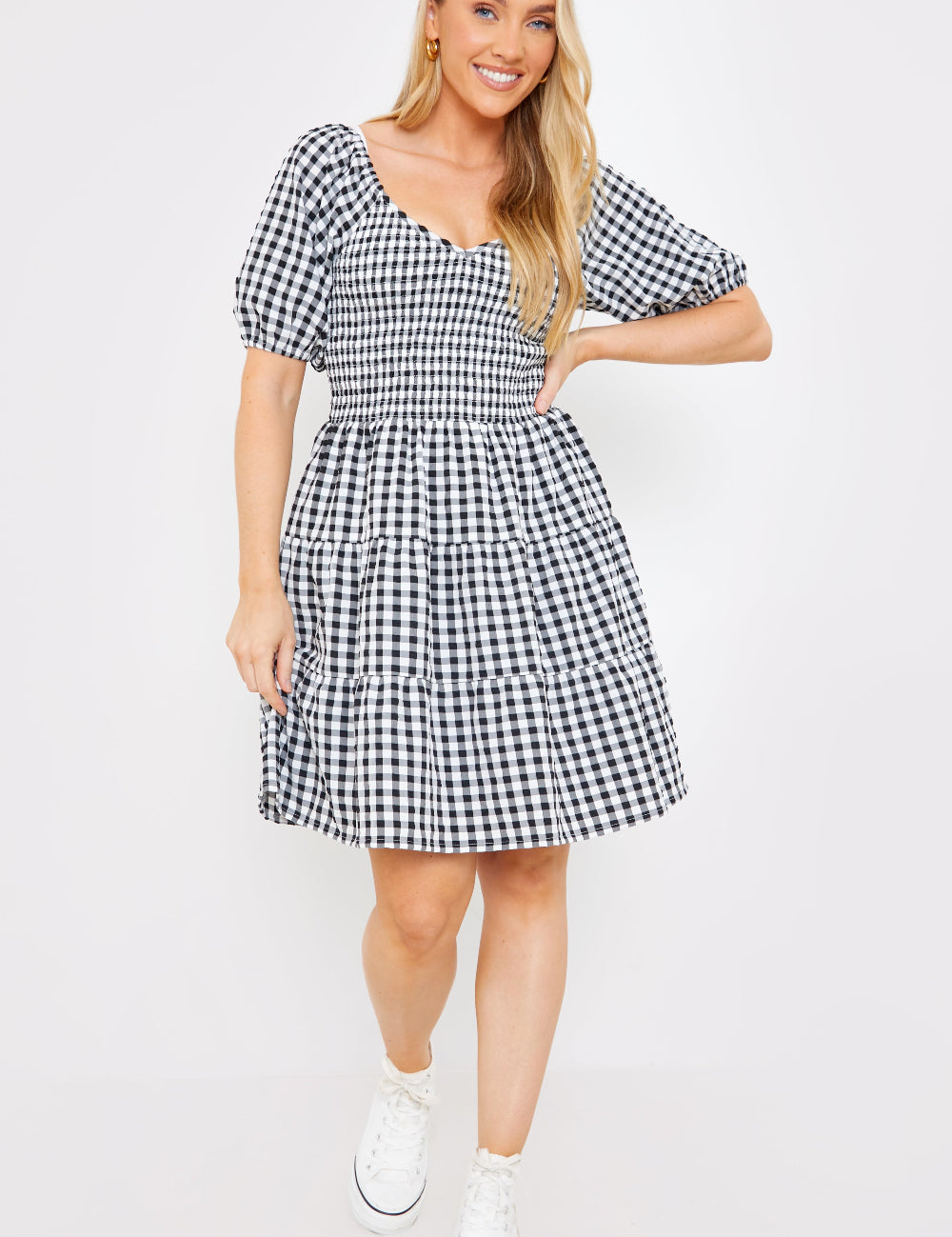 Ginham Ruched Waist Skater Dress