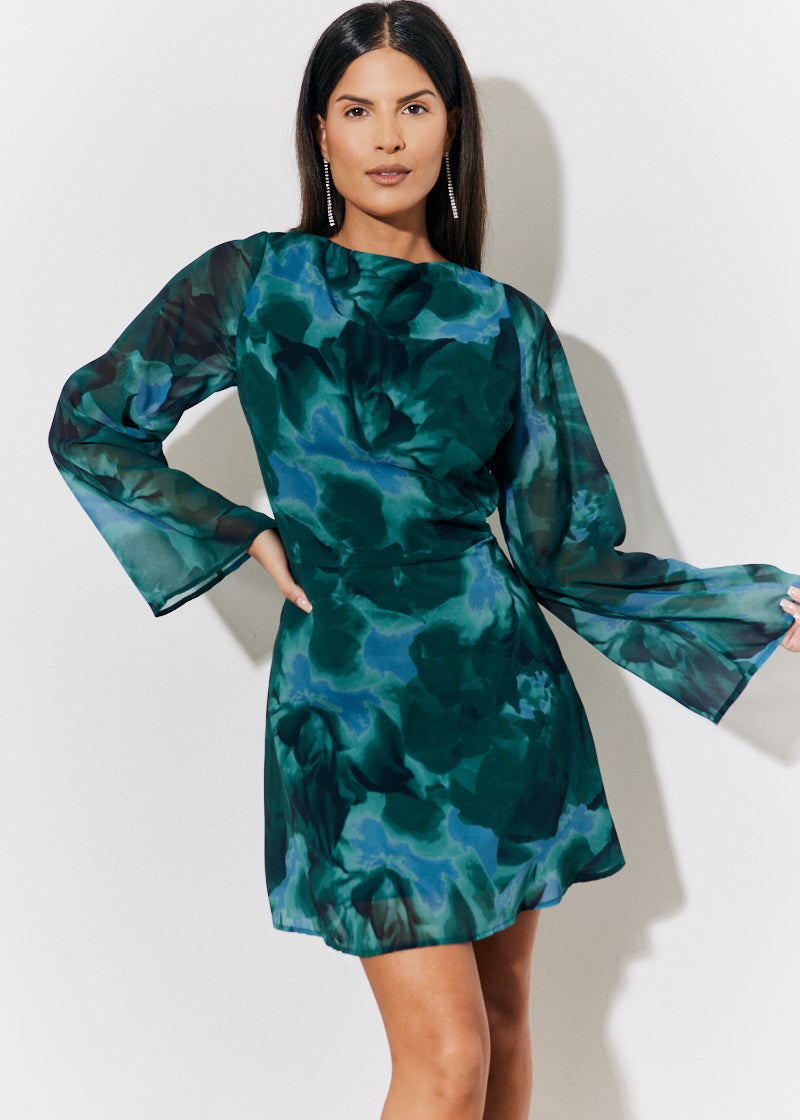 Sequin Draped Boat Neck Mini Dress