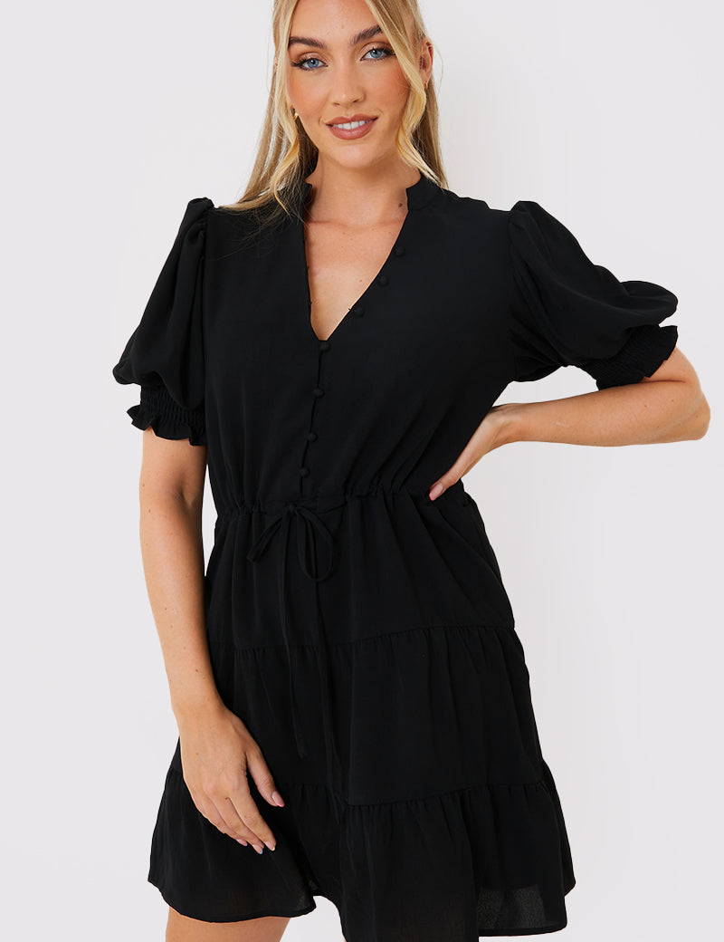 Drawstring Waist Balloon Sleeve Mini Dress
