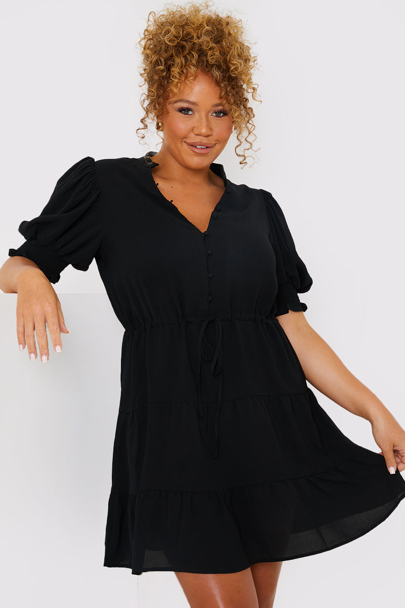 Drawstring Waist Balloon Sleeve Mini Dress