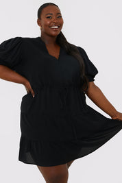 Drawstring Waist Balloon Sleeve Mini Dress