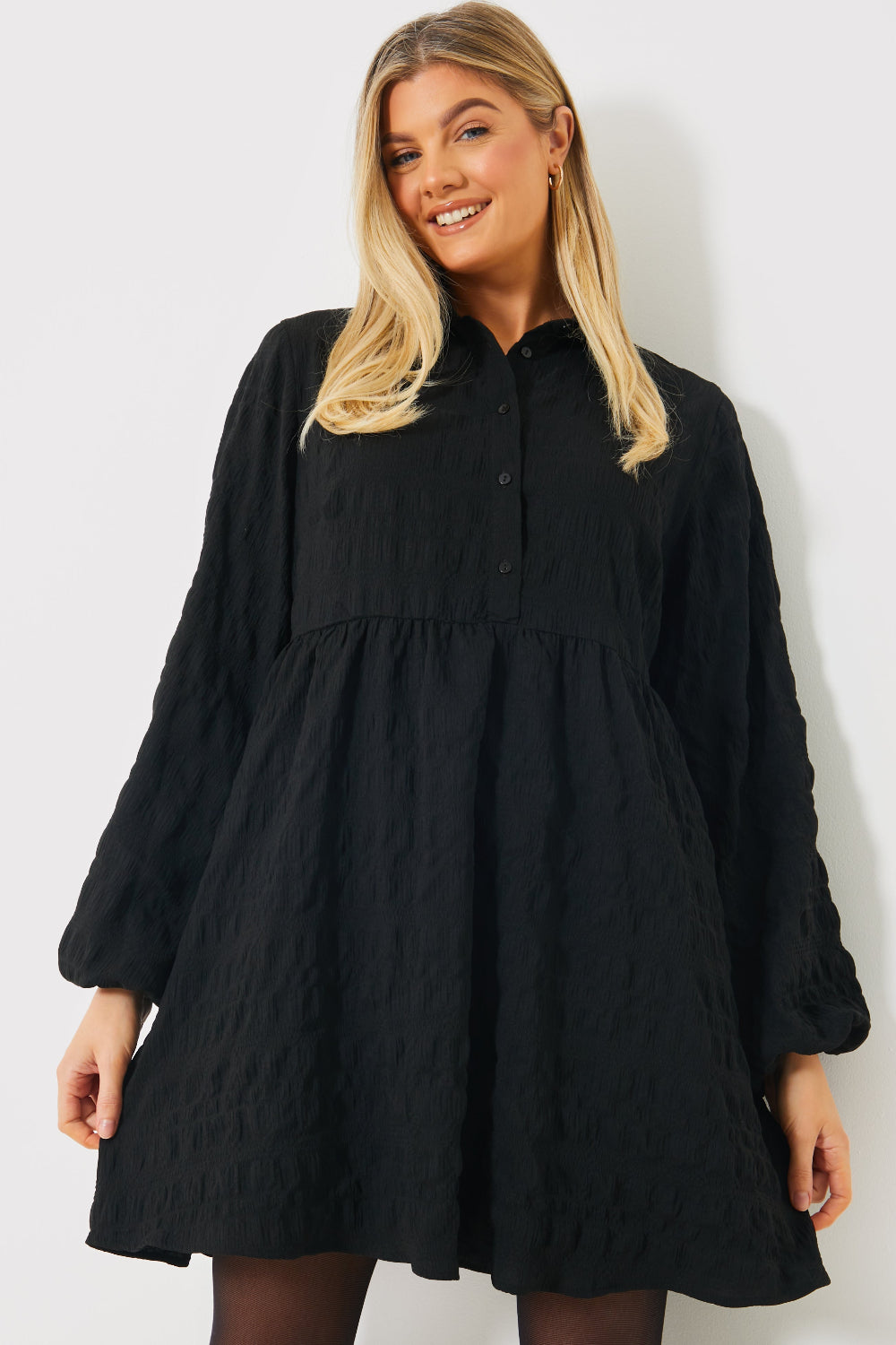 Textured Button Through Collared Smock Dress 