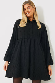 Textured Button Through Collared Smock Dress 