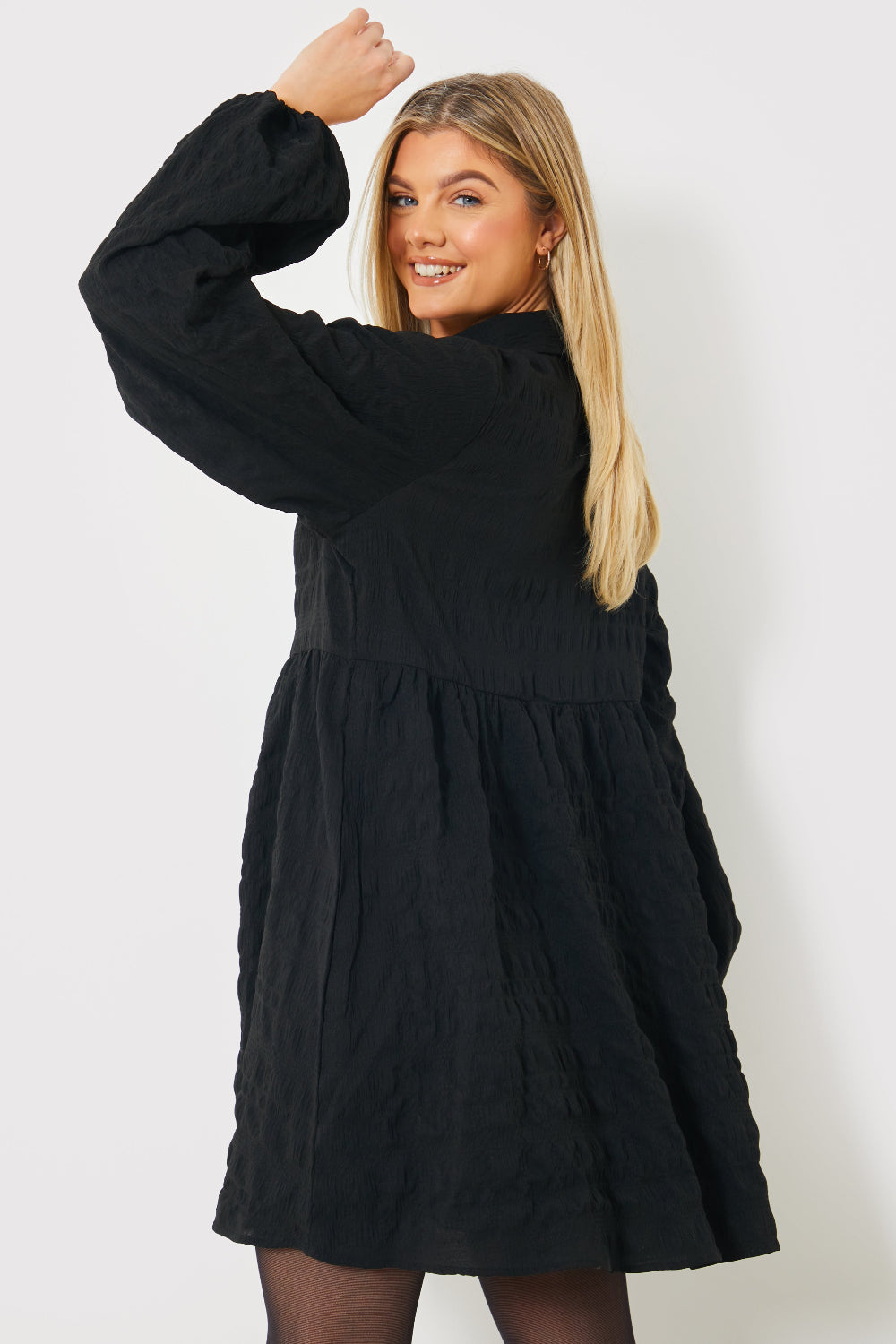 Textured Button Through Collared Smock Dress 
