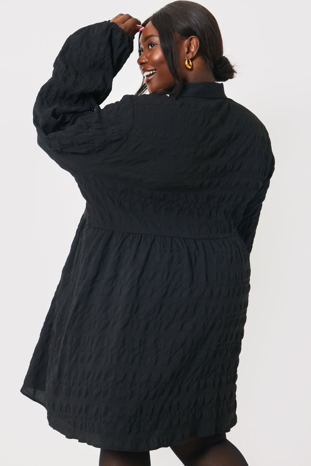 Textured Button Through Collared Smock Dress 