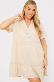 Linen Blend Trim Detail Collared Smock Dress