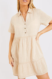 Linen Blend Trim Detail Collared Smock Dress