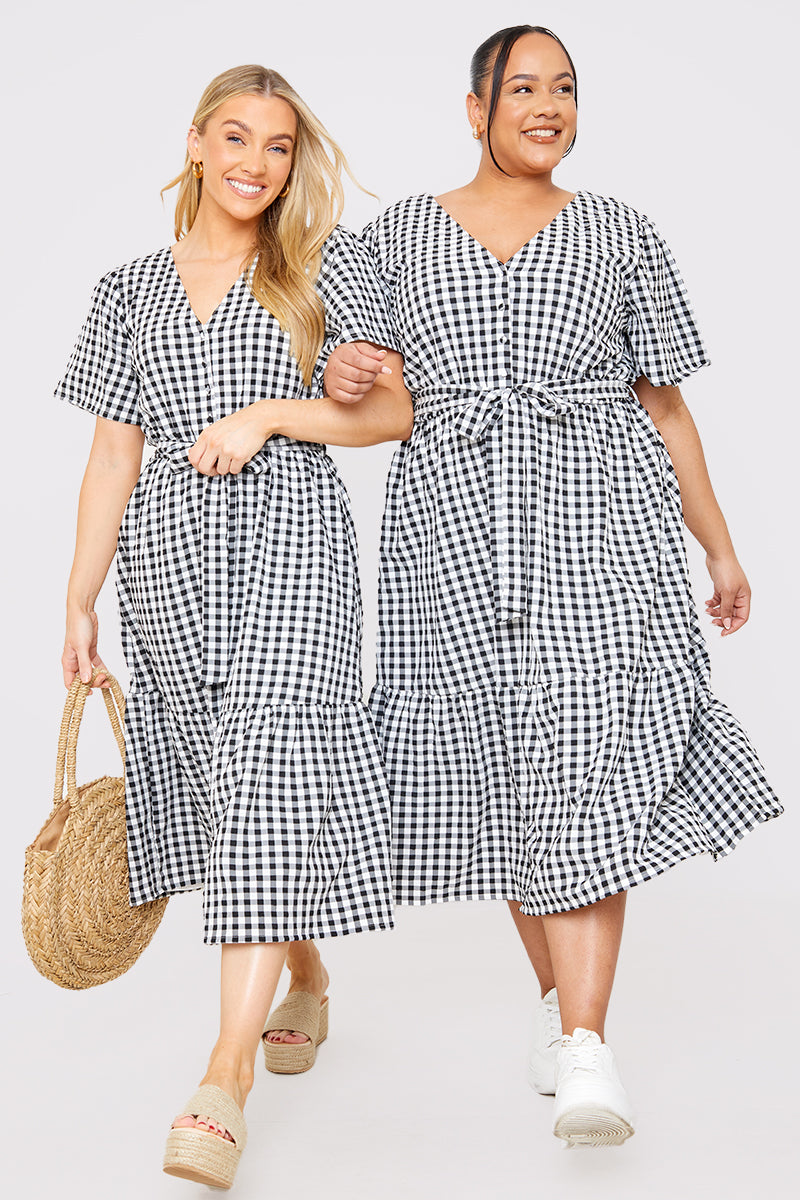 Gingham Button Down Tiered Midi Dress