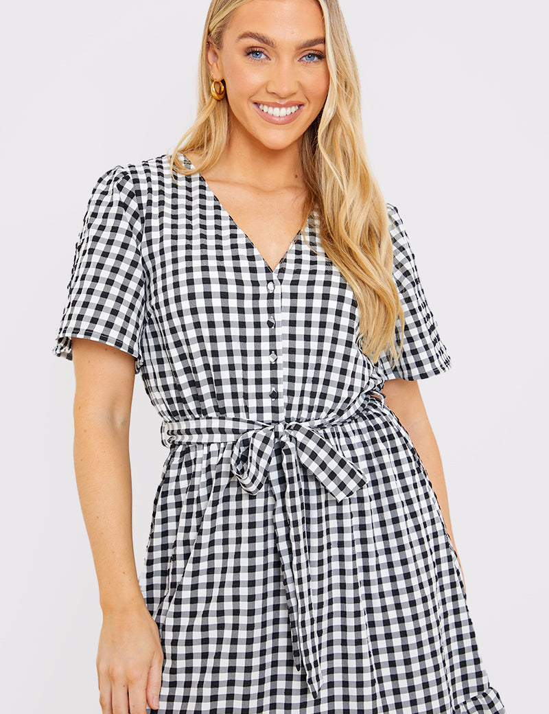 Gingham Button Down Tiered Midi Dress
