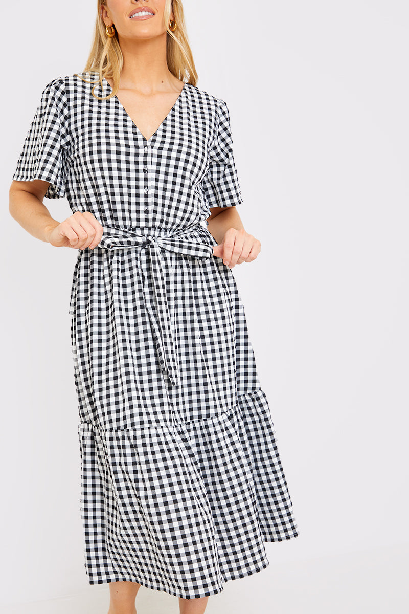 Gingham Button Down Tiered Midi Dress