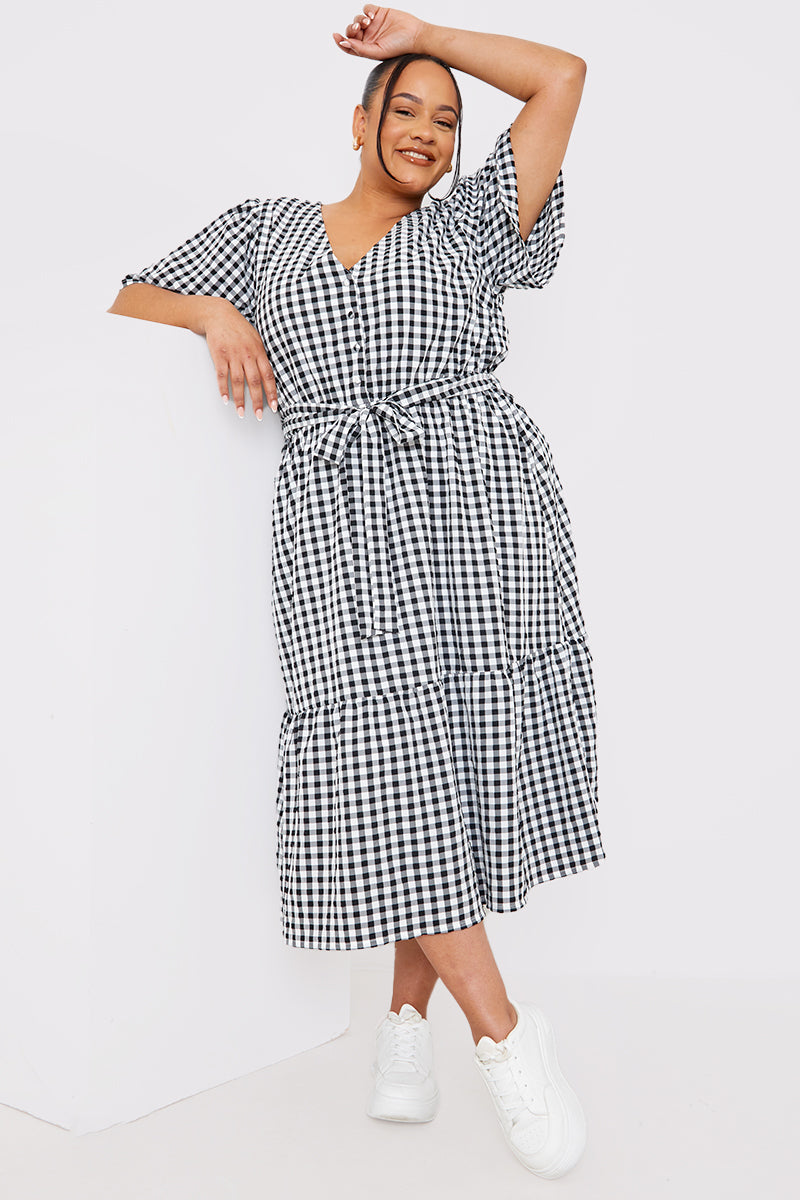 Gingham Button Down Tiered Midi Dress