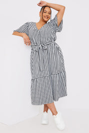 Gingham Button Down Tiered Midi Dress