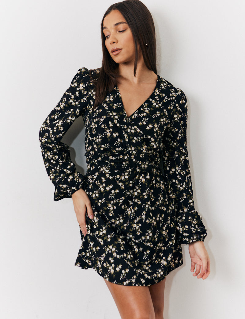 Ditsy Twist Detail Mini Smock Dress