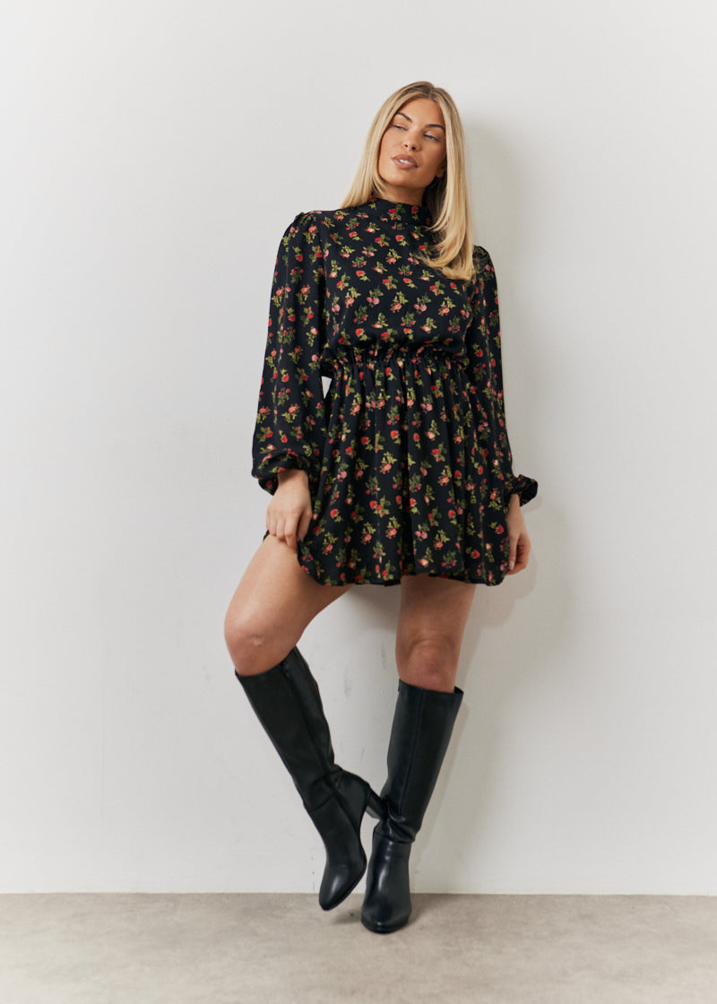 Rose Print High Neck Dress