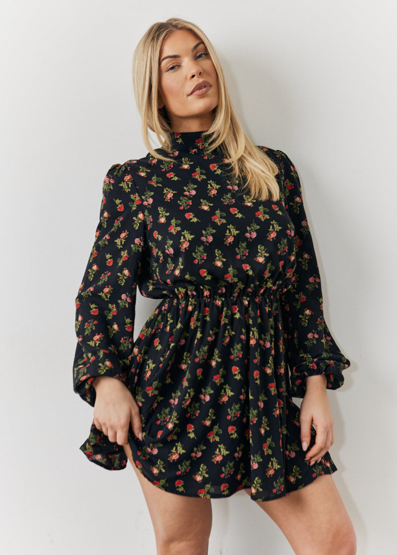 Rose Print High Neck Dress