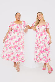 Printed Gathered Bust Puff Sleeve Midi Dress