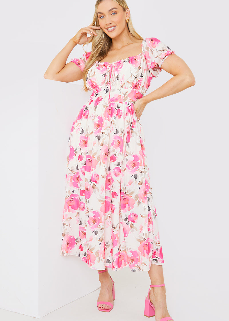 Printed Gathered Bust Puff Sleeve Midi Dress