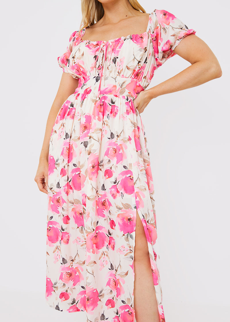 Printed Gathered Bust Puff Sleeve Midi Dress