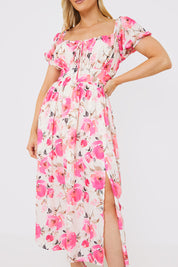 Printed Gathered Bust Puff Sleeve Midi Dress
