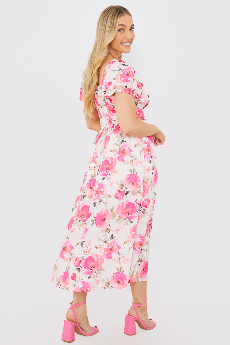 Printed Gathered Bust Puff Sleeve Midi Dress