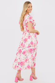 Printed Gathered Bust Puff Sleeve Midi Dress