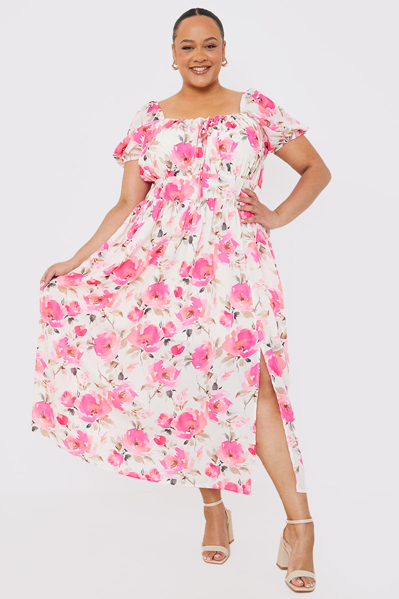 Printed Gathered Bust Puff Sleeve Midi Dress
