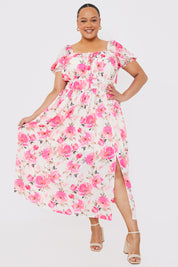 Printed Gathered Bust Puff Sleeve Midi Dress