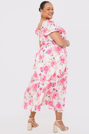 Printed Gathered Bust Puff Sleeve Midi Dress