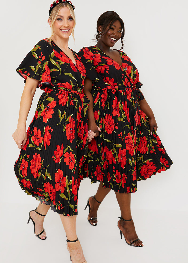 Floral Print Pleated Wrap Midi Dress