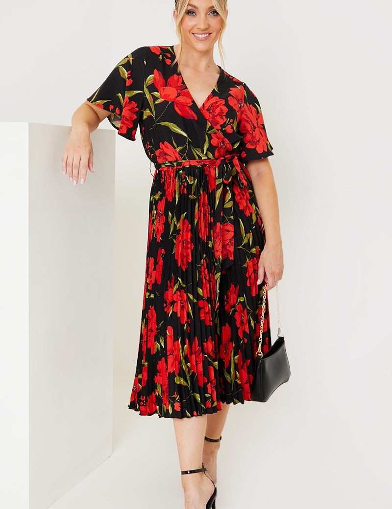 Floral Print Pleated Wrap Midi Dress