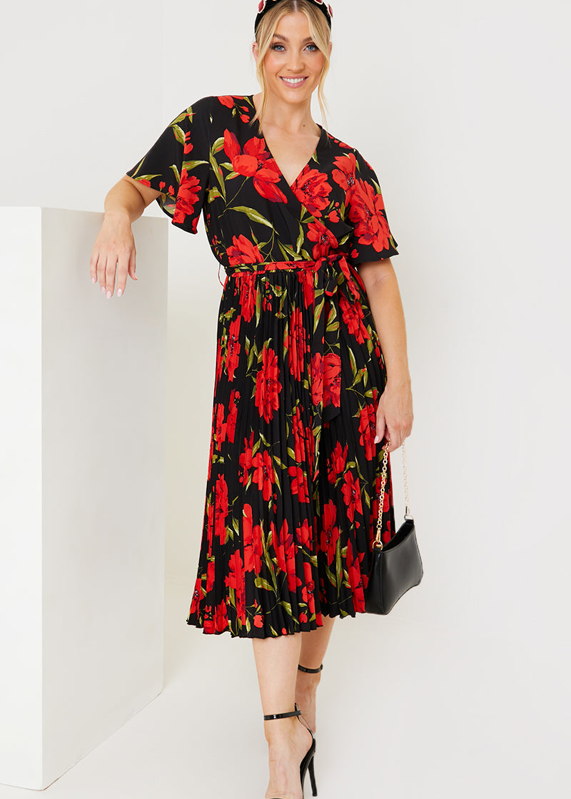 Floral Print Pleated Wrap Midi Dress