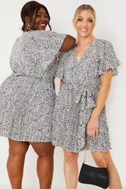 Animal Print Pleated Wrap Mini Dress