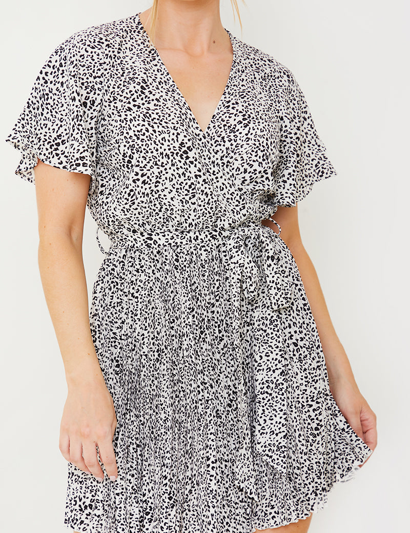 Animal Print Pleated Wrap Mini Dress