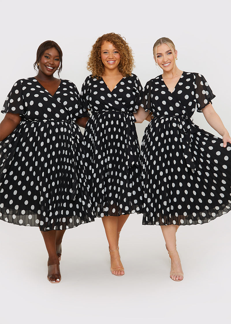 Polka Dot Print Pleated Wrap Midi Dress