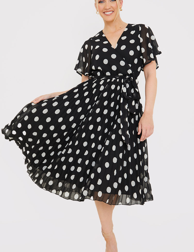Polka Dot Print Pleated Wrap Midi Dress