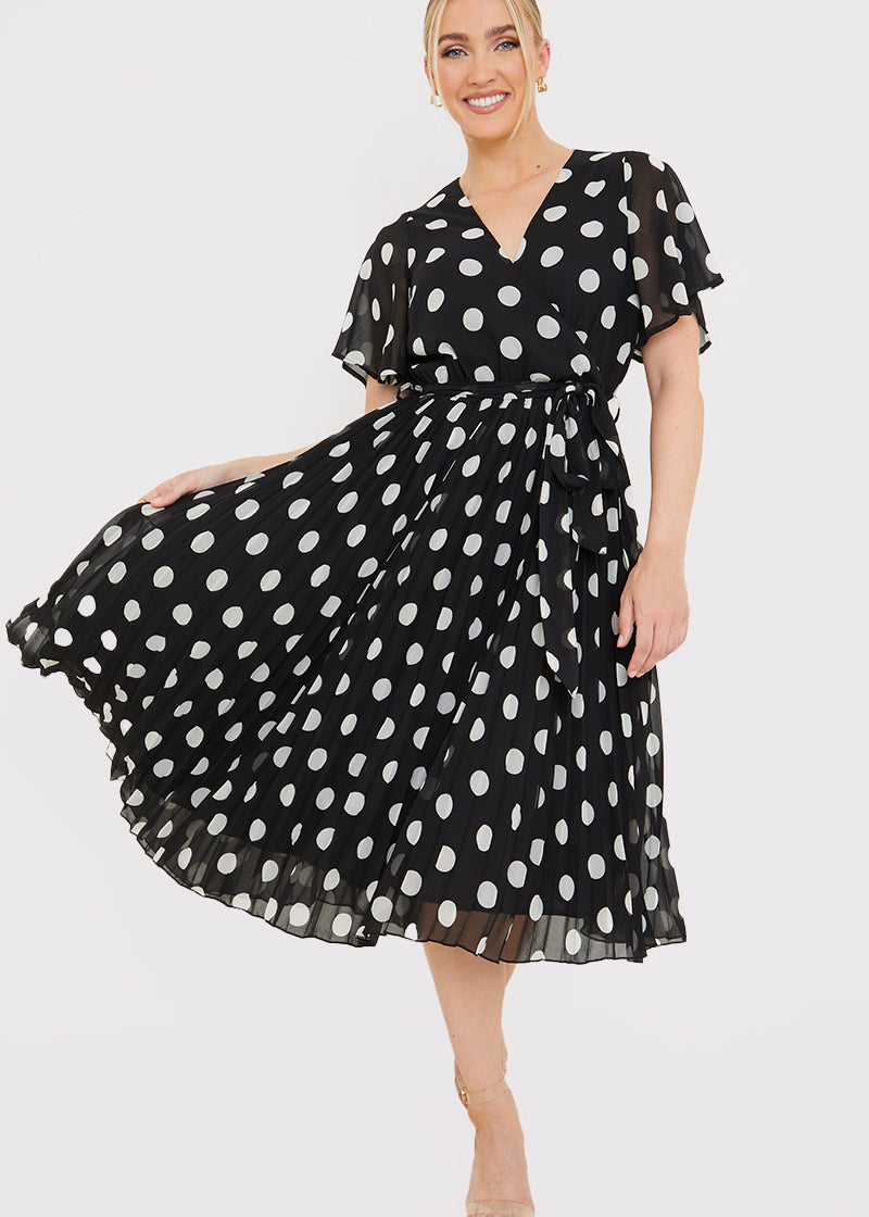 Polka Dot Print Pleated Wrap Midi Dress