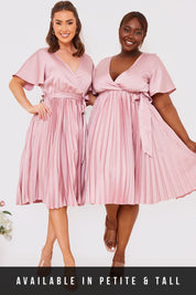 Angel Sleeve Pleated Wrap Midi Dress