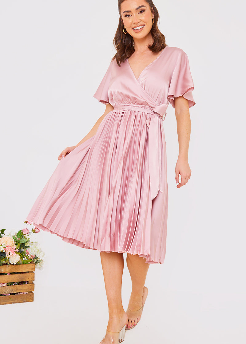 Angel Sleeve Pleated Wrap Midi Dress