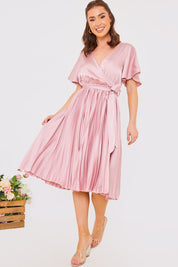 Angel Sleeve Pleated Wrap Midi Dress