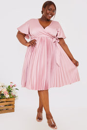 Angel Sleeve Pleated Wrap Midi Dress