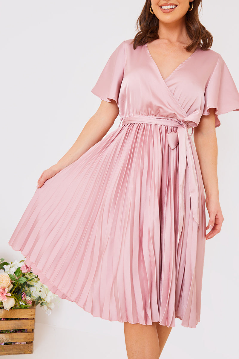 Angel Sleeve Pleated Wrap Midi Dress