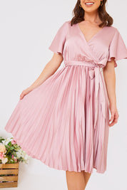 Angel Sleeve Pleated Wrap Midi Dress