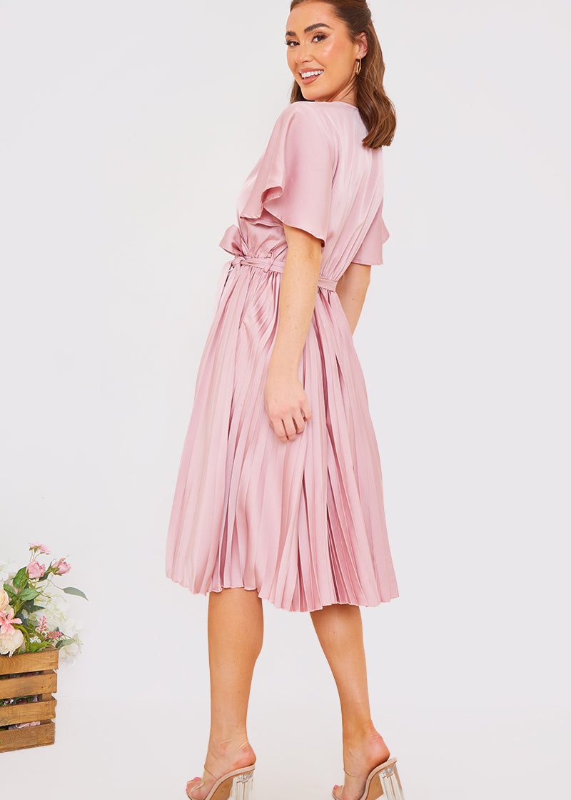 Angel Sleeve Pleated Wrap Midi Dress