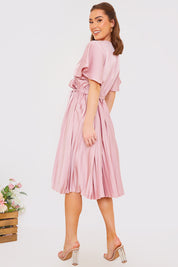 Angel Sleeve Pleated Wrap Midi Dress