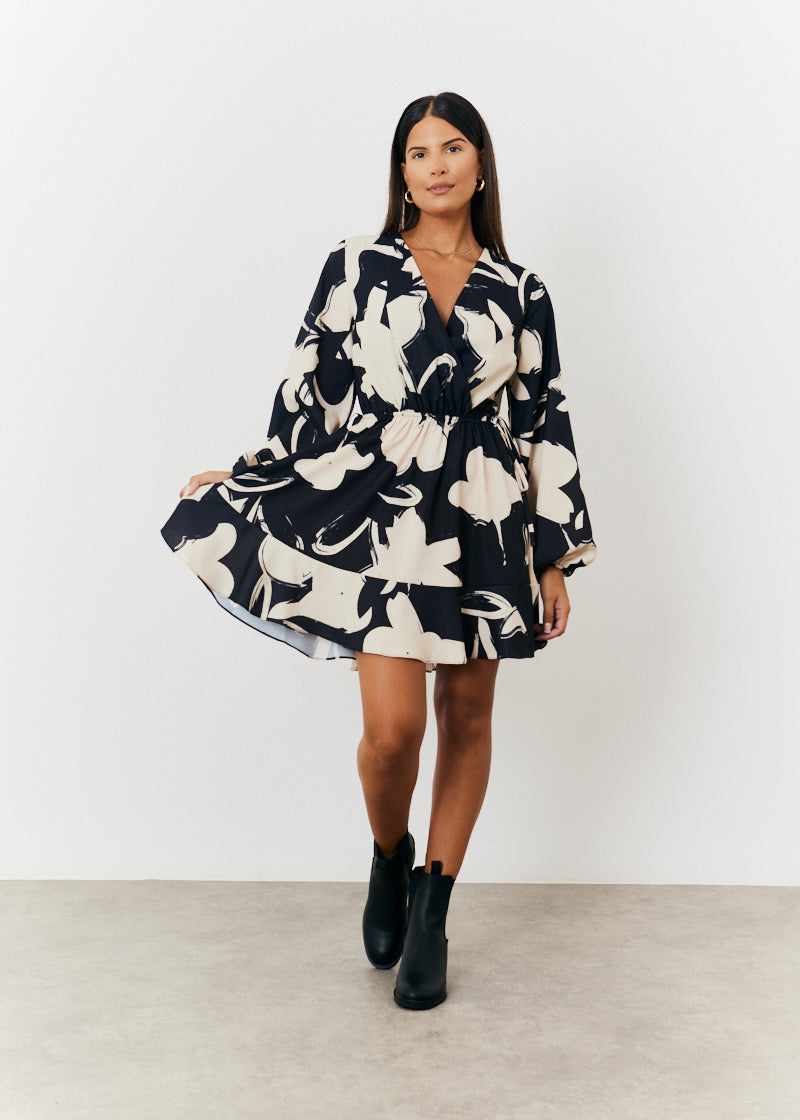 Wrap Puff Sleeve Mini Skater Dress