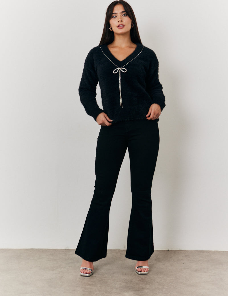 Mulitway Embellished Bow Detail Fluffy Knit Jumper