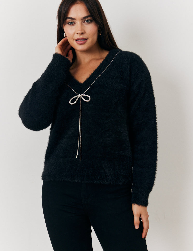 Mulitway Embellished Bow Detail Fluffy Knit Jumper